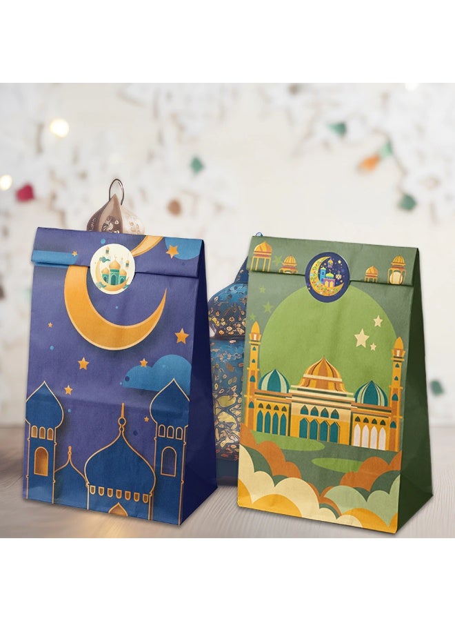 12PCS Ramadan & Eid Mubarak Gift Paper Bags with Stickers – 4 Assorted Islamic Designs Flat Bottom Party Favor Bags for Candy & Treats - Image 2